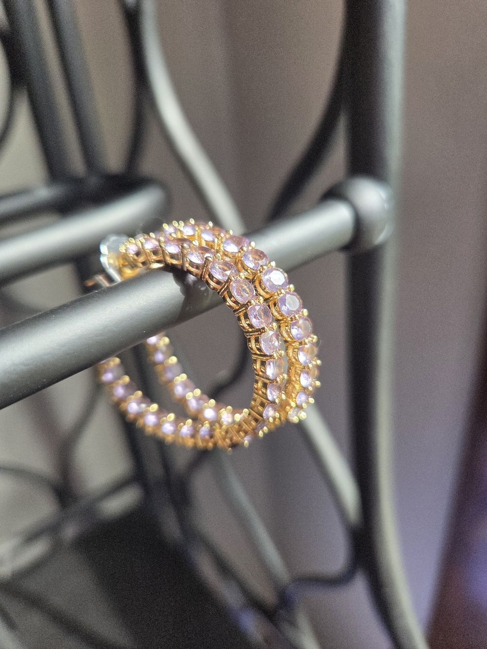 Gold Tone Inside Out Hoops with Lavender Crystals -